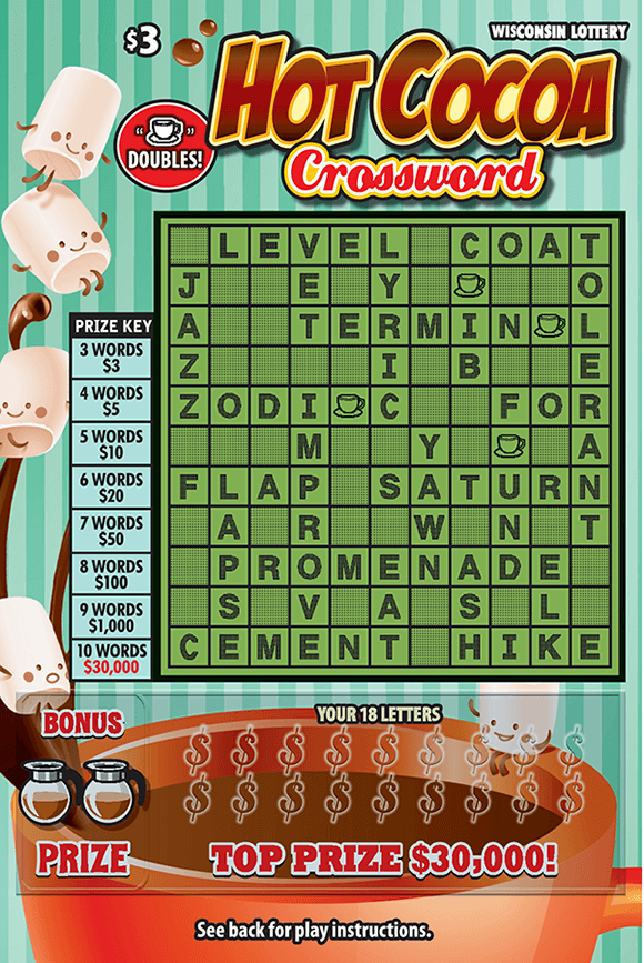 Hot Cocoa Crossword Scratch Game image of ticket with a cup of hot cocoa in the background with marshmallow men stacked up on the side of the ticket with a green crossword area on scratch ticket from wisconsin lottery