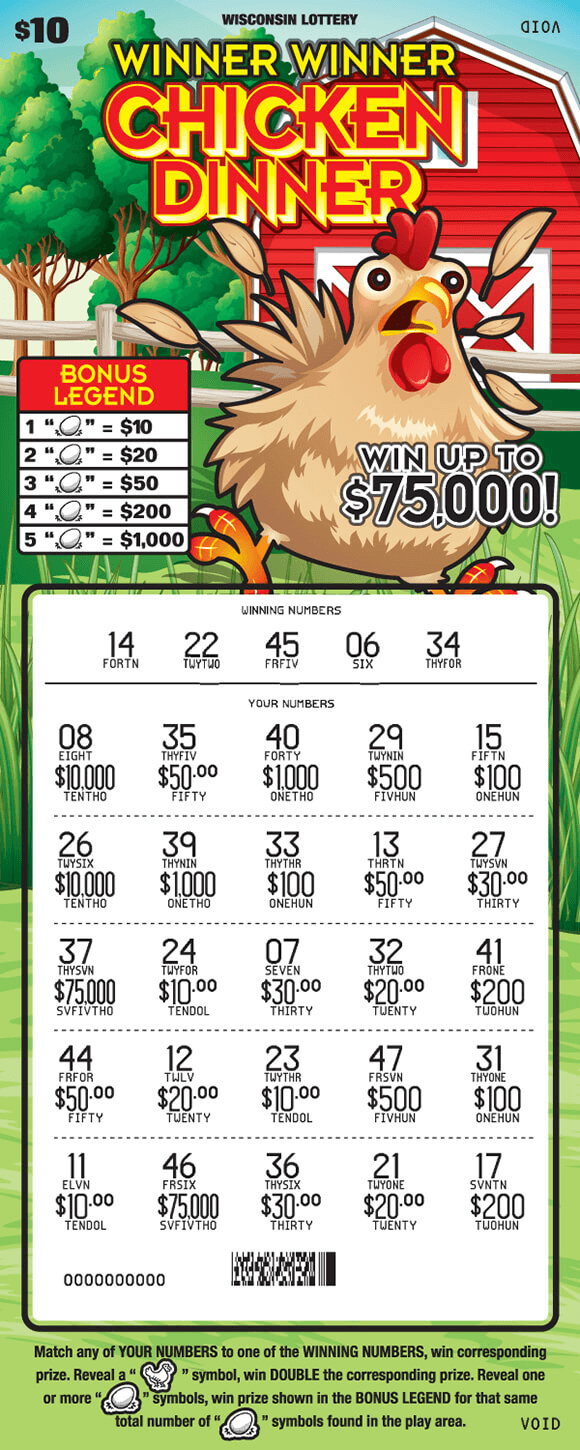 image of scratch ticket with a chicken running in a grass field in front of a red barn which is surrounded by trees and the play numbers are scratched revealing prize amounts scratch ticket from wisconsin lottery 