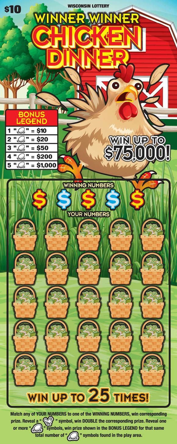 image of scratch ticket with a chicken running in a grass field in front of a red barn which is surrounded by trees and the covered numbers have wicker baskets with stacks of cash on scratch ticket from wisconsin lottery 