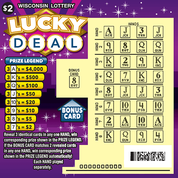 Lucky Deal Scratch Game image of scratch ticket with purple background and white twinkling stars with a play area of a deck of cards on scratch ticket from wisconsin lottery