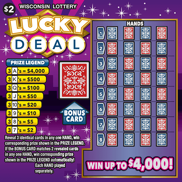 image of scratch ticket with purple background and white twinkling stars with a play area of a deck of cards on scratch ticket from wisconsin lottery 