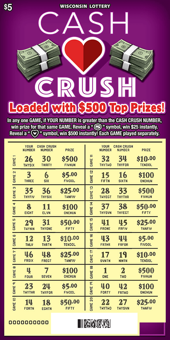 Cash Crush Scratch Game image of scratch ticket with purple background and two stacks of cash on the top with a heart in between on scratch ticket from wisconsin lottery