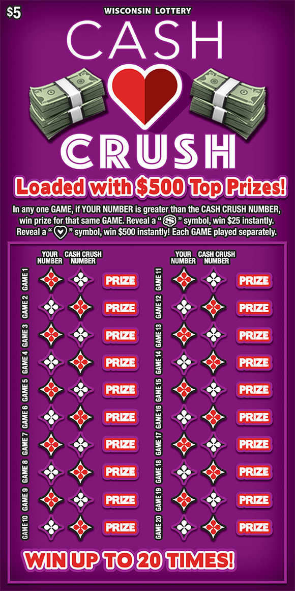 Cash Crush Scratch Game image of scratch ticket with purple background and two stacks of cash on the top with a heart in between on scratch ticket from wisconsin lottery