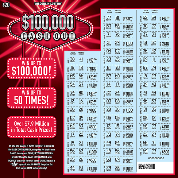 image of oversized scratch ticket with a red and black background and 50 play lines and the title of the ticket is being highlighted behind with white flashy lines on scratch ticket from wisconsin lottery
