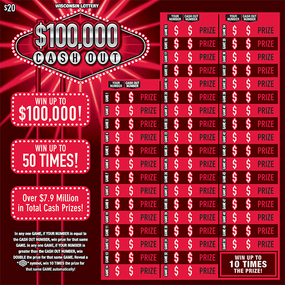 $100,000 Cashout Scratch Game image of oversized scratch ticket with a red and black background and 50 play lines and the title of the ticket is being highlighted behind with white flashy lines on scratch ticket from wisconsin lottery
