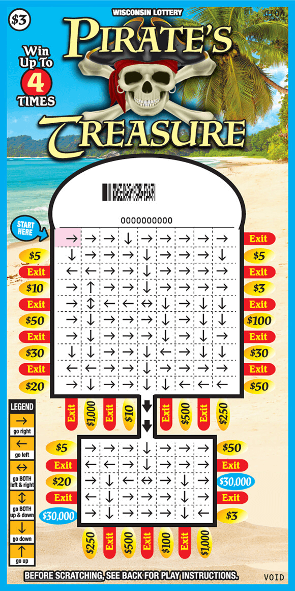image of scratch ticket on a white sandy beach with an ocean and palm tree in the background and the play area has a grid with arrows directing you to an exit symbol or a prize amounton scratch ticket from wisconsin lottery 