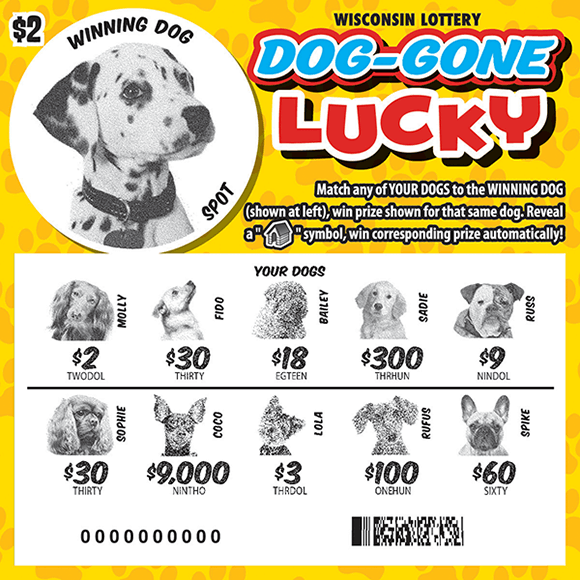 Dog-Gone Lucky Scratch Game image of ticket with a circle image of a dalmatian in the top right corner and multiple types of dogs in the revealed play area to match to the winning matching dog on scratch ticket from WI Lottery