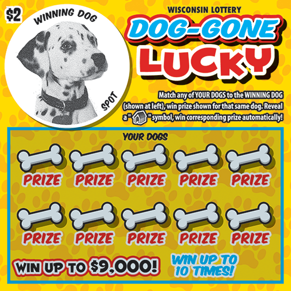 Dog-Gone Lucky Scratch Game image of ticket with a circle image of a dalmatian in the top right corner and dog bones covering the play area on scratch ticket from WI Lottery