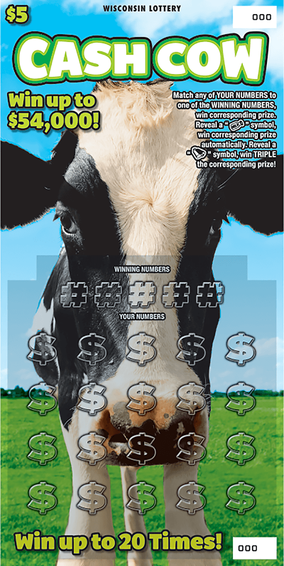 image of a cow standing in a green grass field with a blue sky background on scratch ticket from wisconsin lottery