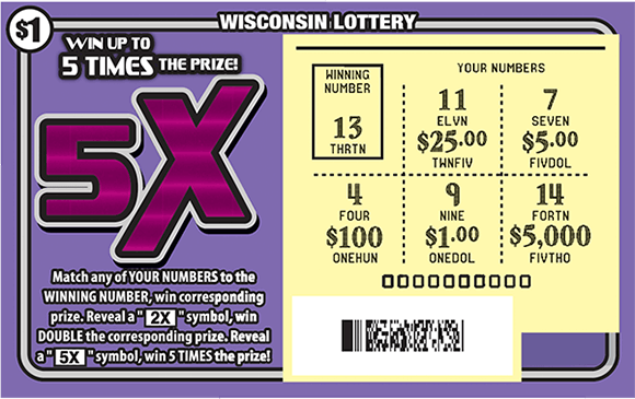 Picture of purple ticket with large 5x symbol and scratched play area revealing a yellow play area on scratch ticket from wisconsin lottery