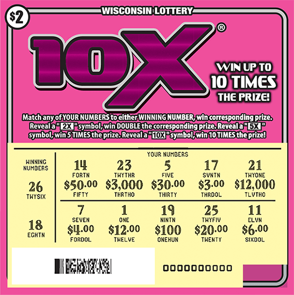 image of scratch ticket with a large 10x symbol in a deep pink color on a light pink background with scratched play area revealing your numbers on scratch ticket from wisconsin lottery