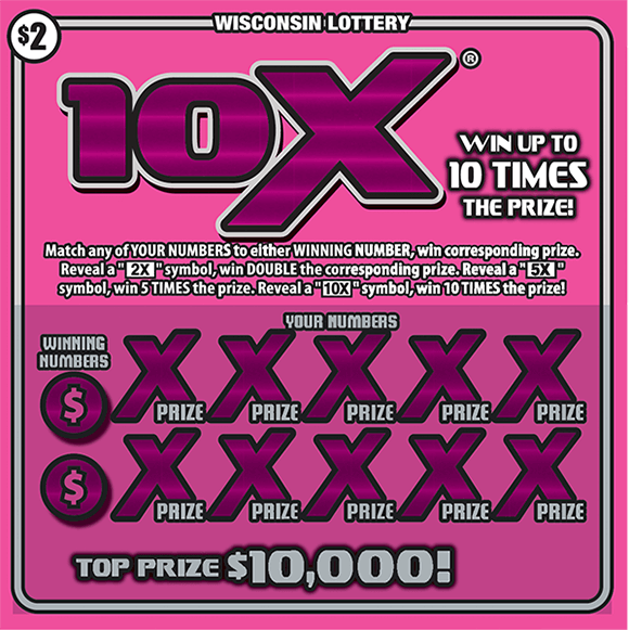 image of scratch ticket with a large 10x symbol in a deep pink color on a light pink background on scratch ticket from wisconsin lottery