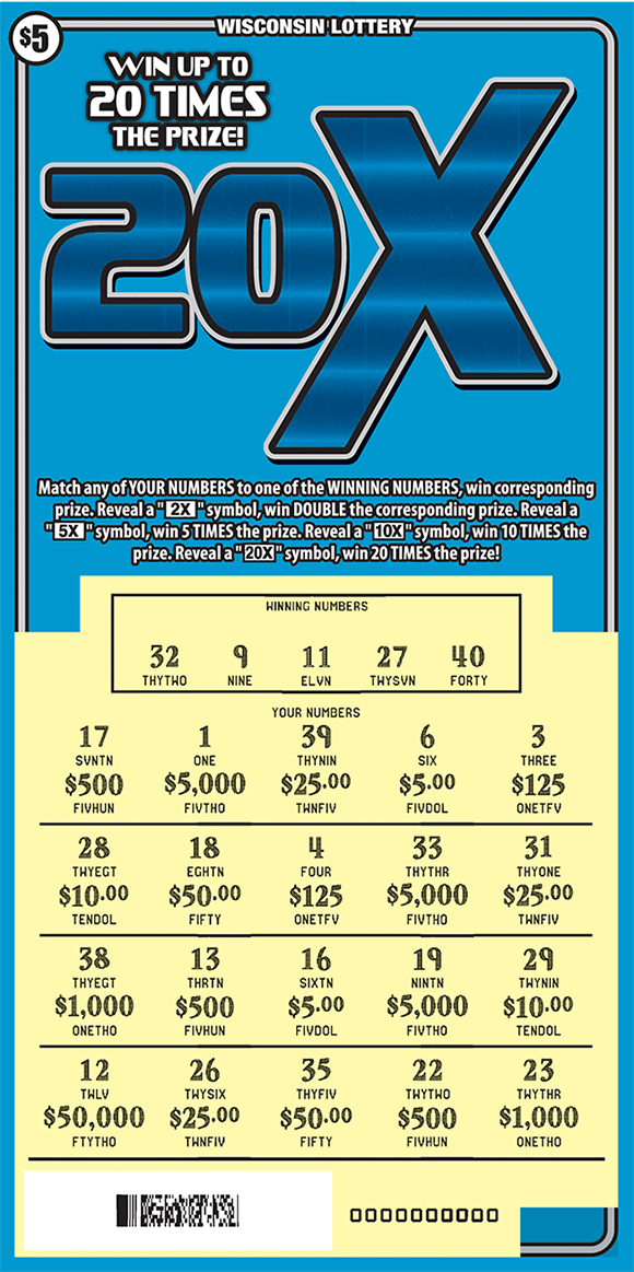 image of scratch ticket with a light blue background and a large 20x symbol in a darker blue with a scratched play area revealing the winning numbers in yellow  on scratch ticket from wisconsin lottery