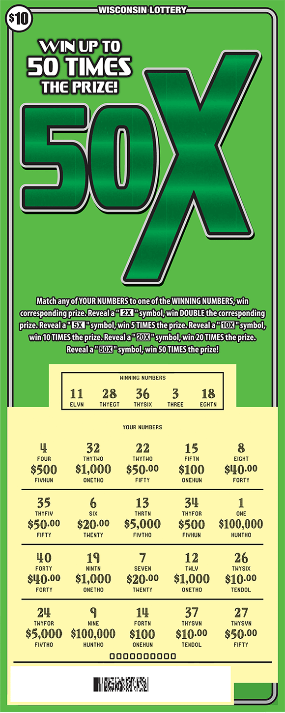 image of scratch ticket with a light green background and a large 50X symbol in a darker green and a scratched play area revealing the winning numbers with a yellow background  on scratch ticket from wisconsin lottery