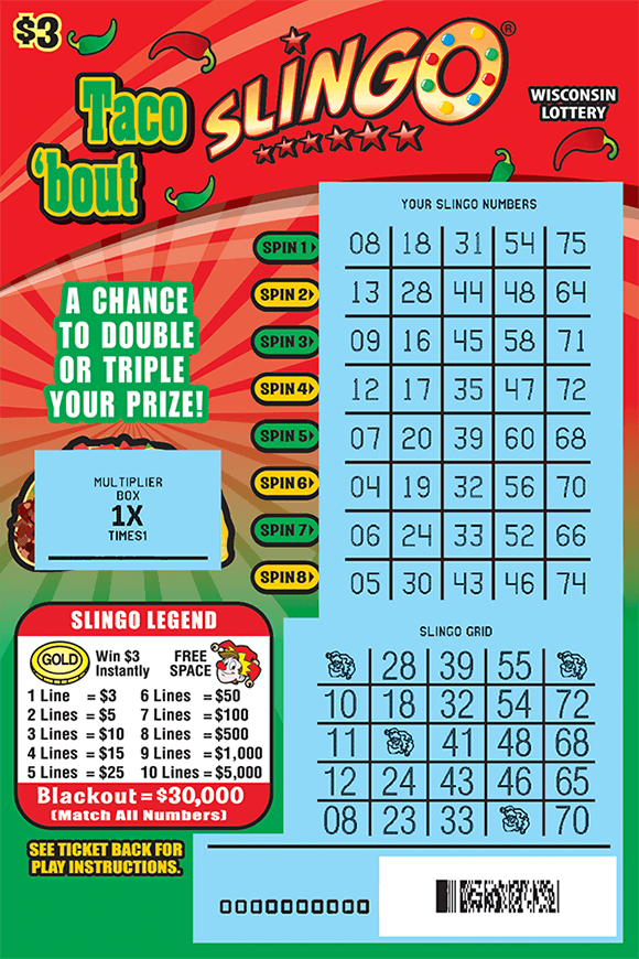 red background with red and green peppers and scratched play area revealing a blue background in slingo spin lines and slingo grid on wisconsin lottery scratch ticket