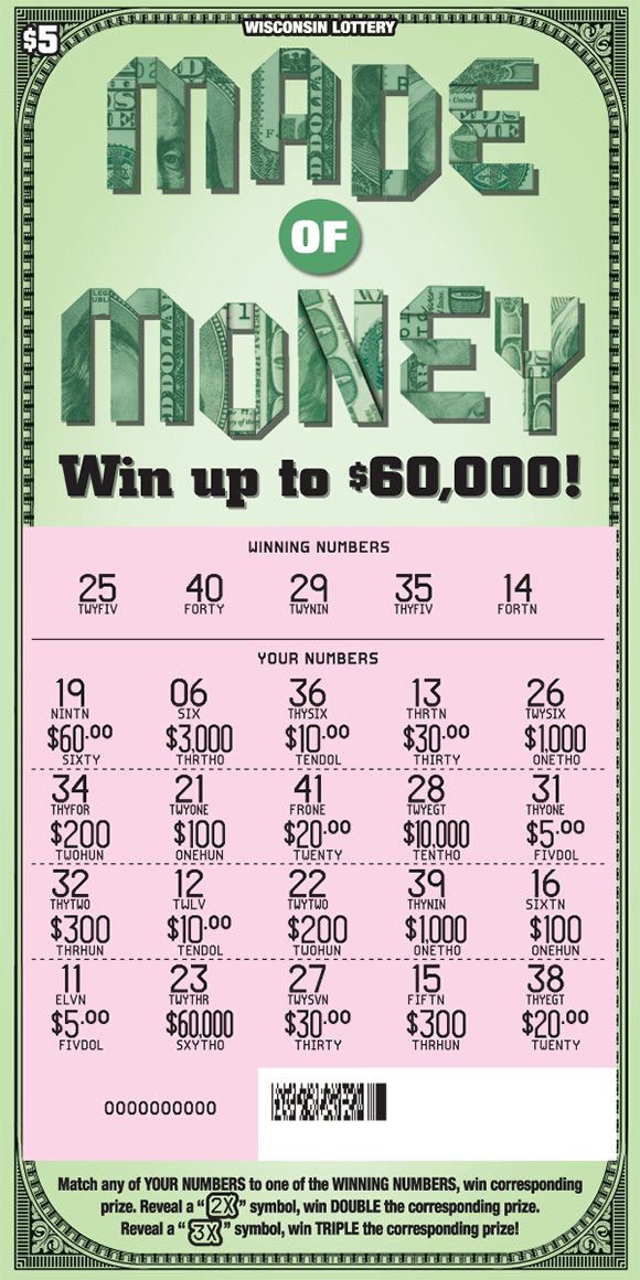 Made of Money Scratch Game ticket looks like american dollar bill with green background and folded bills making up name with scratched area revealing pink background and numbers