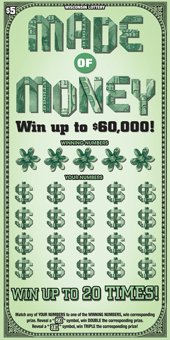 ticket looks like american dollar bill with green background and folded up bills making game name flowers for winning numbers and dollar signs for your numbers on wisconsin lottery scratch ticket