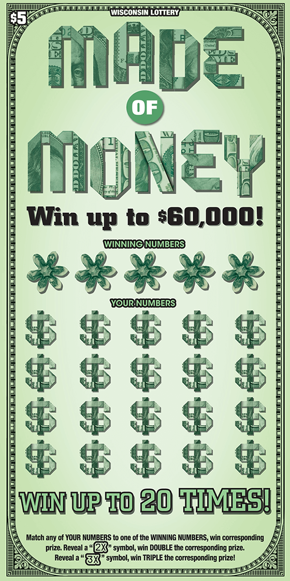 Made of Money Scratch Game ticket looks like american dollar bill with green background and folded up bills making game name flowers for winning numbers and dollar signs for your numbers on wisconsin lottery scratch ticket
