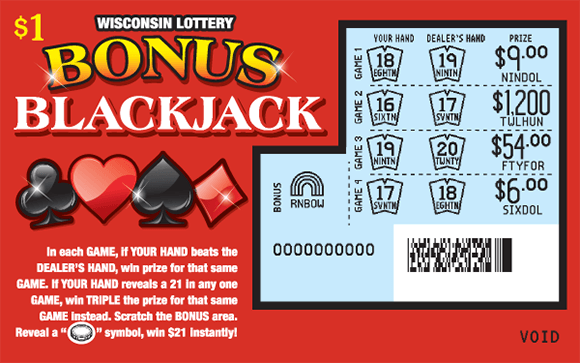 Bonus Blackjack Scratch Game red background with a black club and spade and a red heart and diamond to the left of the scratched area revealing light blue background and winning hands and numbers on wisconsin lottery scratch ticket