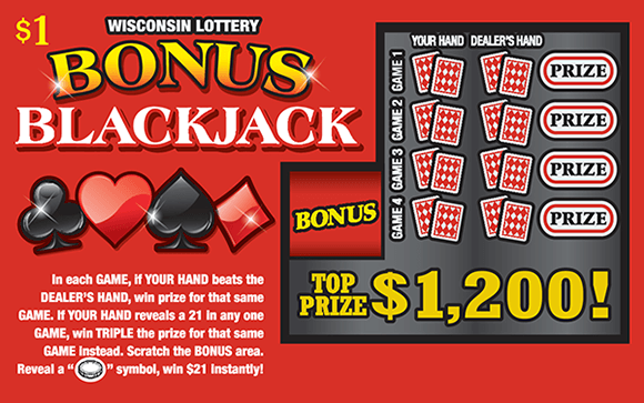 red background with a black club and spade and a red heart and diamond with cards and prize slots making up scratch area on wisconsin lottery scratch ticket