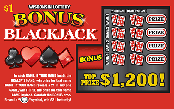 Bonus Blackjack Scratch Game red background with a black club and spade and a red heart and diamond with cards and prize slots making up scratch area on wisconsin lottery scratch ticket