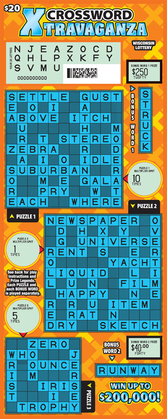 dark orange background with light orange and yellow x patterns behind three turquoise crossword grids scratched to reveal light blue background of your letters area on wisconsin lottery scratch ticket