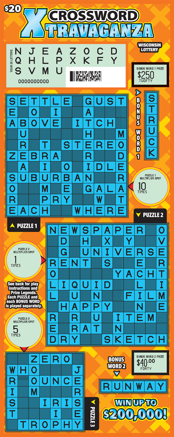 Crossword Xtravaganza Scratch Game dark orange background with light orange and yellow x patterns behind three turquoise crossword grids scratched to reveal light blue background of your letters area on wisconsin lottery scratch ticket