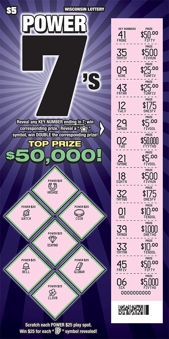 Power 7's Scratch Game purple and black spiral background with play areas at bottom and right side of ticket all the way down revealing pink area when scratched