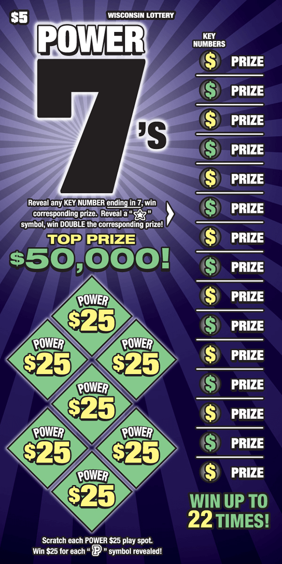 Power 7's Scratch Game purple and black spiral background with green power play area and dollar symbols with corresponding prizes on right side of ticket all the way down
