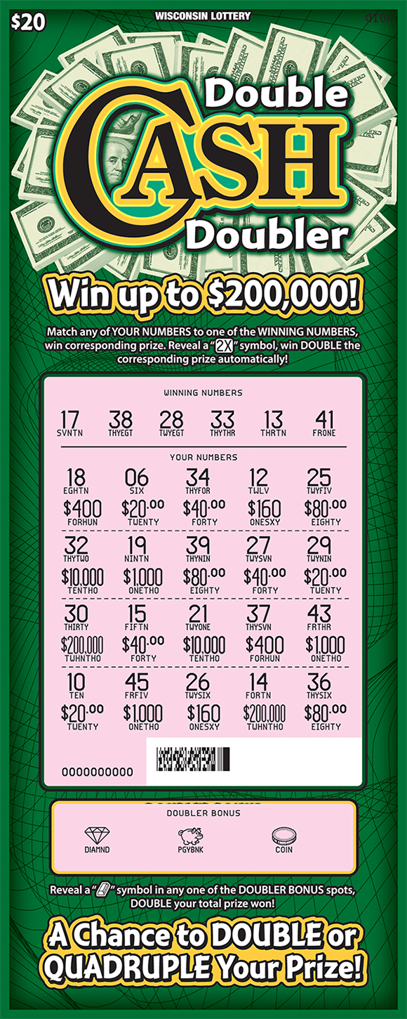image of ticket with dark green background and 100 dollar bills behind the title of the ticket and play area is scratched revealing a pink background with the revealed winning numbers on scratch ticket from wisconsin lottery
