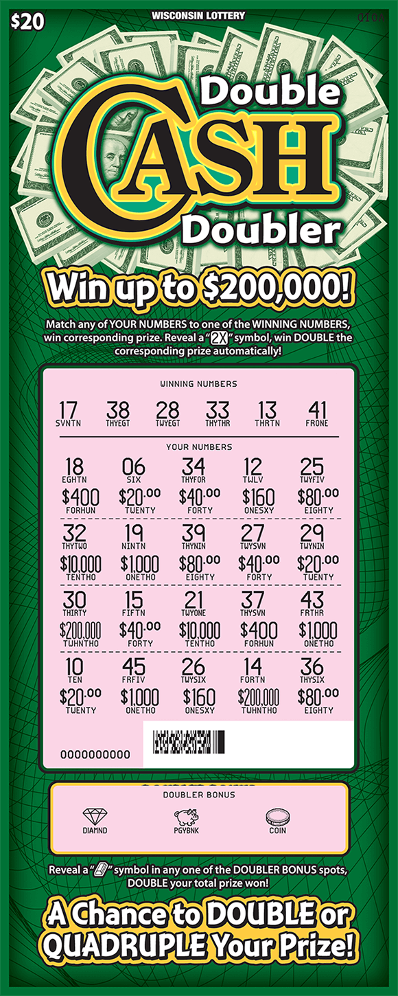 Double Cash Doubler Scratch Game image of ticket with dark green background and 100 dollar bills behind the title of the ticket and play area is scratched revealing a pink background with the revealed winning numbers on scratch ticket from wisconsin lottery