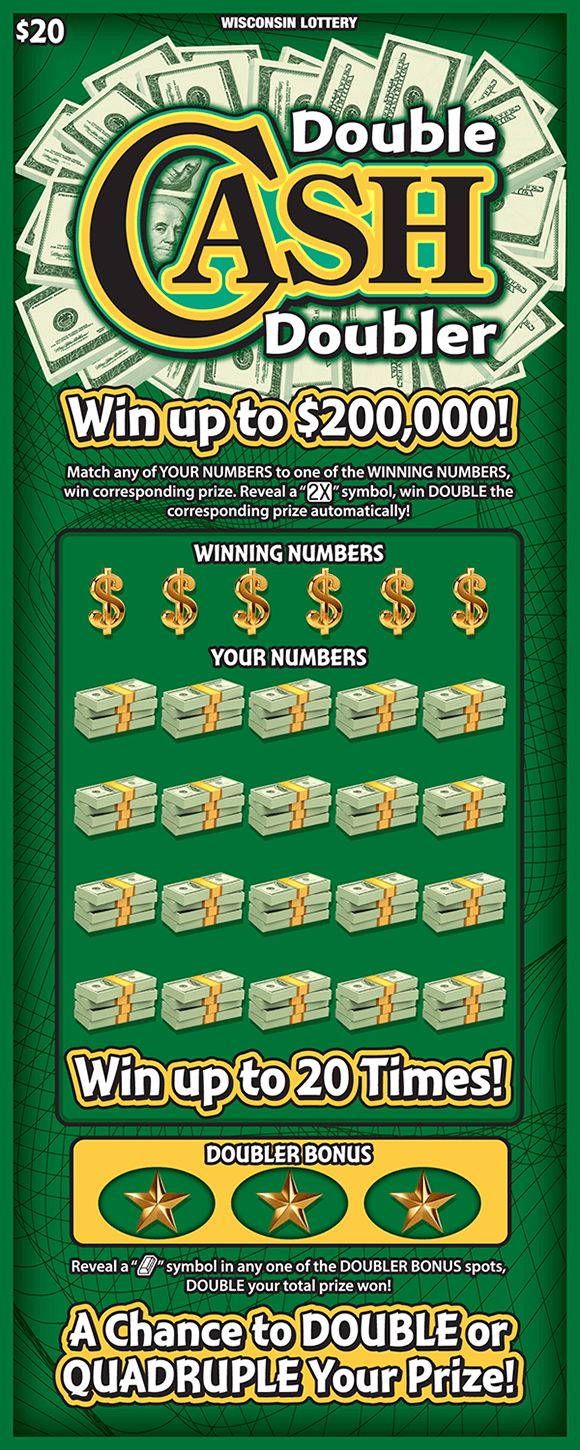 Double Cash Doubler Scratch Game image of ticket with dark green background and 100 dollar bills behind the title of the ticket and stacks of money covering the your numbers section of play area on scratch ticket from wisconsin lottery