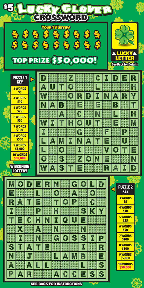 Lucky Clover Crossword Scratch Game green background with four leaf clovers covering ticket and money symbols in your letters area and two green crossword grids with puzzle keys