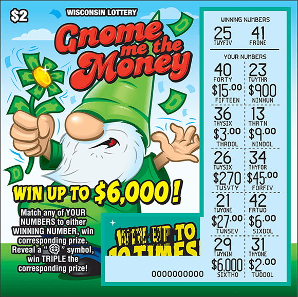 Gnome Me the Money Scratch Game picture of ticket with an image of a gnome standing on grass wearing a green pointy hat holding a green flower and the play area is scratched revealing the winning numbers on scratch ticket from wisconsin lottery