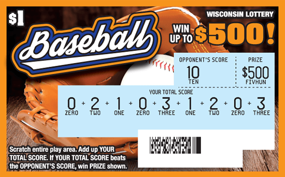Baseball Scratch Game brown baseball glove with white baseball inside it sitting on wooden surface with play area scratched revealing blue background with numbers