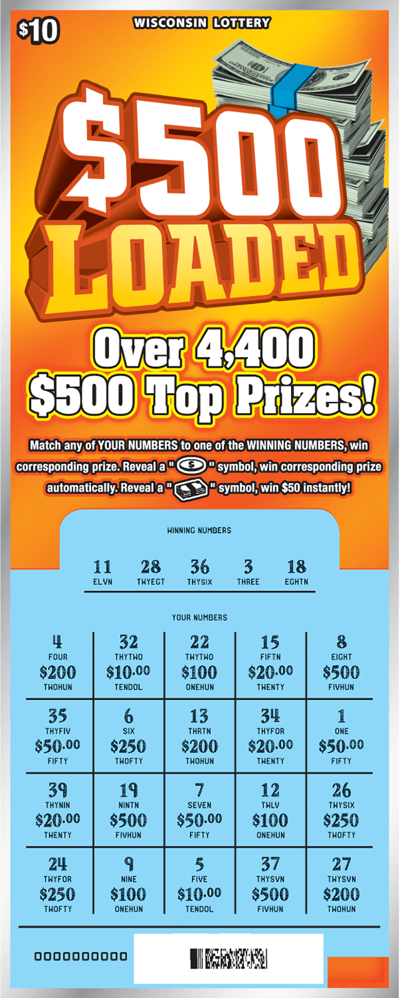 image of ticket with a yellow background and stacks of cash in the top right corner while the play area is scratched revealing the winning numbers on scratch ticket from wisconsin lottery