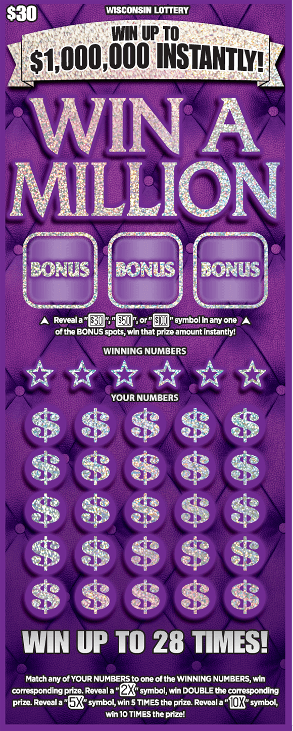 image of scratch ticket with a deep purple background and the title and words covered in shiny metallic covering on scratch ticket from wisconsin lottery