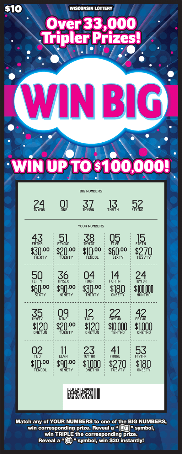 image of scratch ticket with dark blue background and pink and white polka dots with the play area scratched revealing the winning numbers on scratch ticket from wisconsin lottery