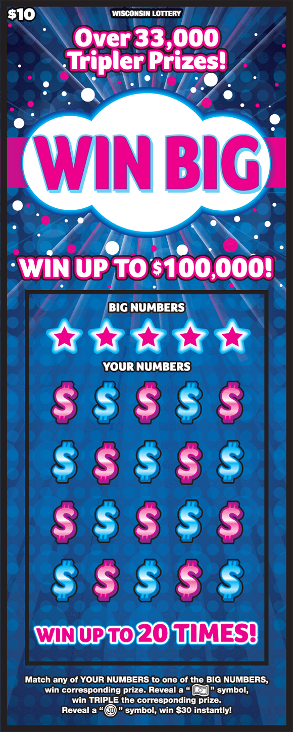 image of scratch ticket with dark blue background and pink and white polka dots with money symbols covering the play area alternating blue and pink colors on scratch ticket from wisconsin lottery