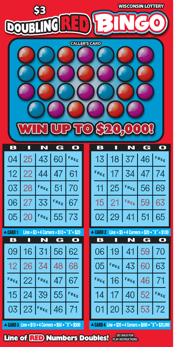 Doubling Red Bingo Scratch Game image of scratch ticket with a red background and winning numbers on top covered by red and blue balls there is four play area grids on scratch ticket from wisconsin lottery