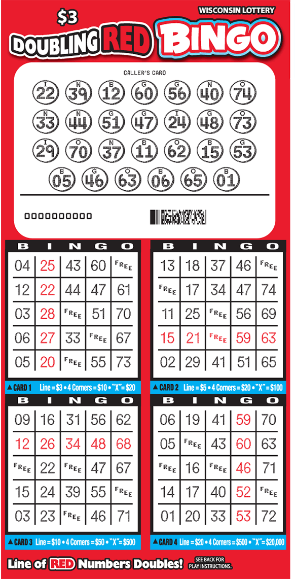 Doubling Red Bingo Scratch Game image of scratch ticket with a red background and winning numbers on top covered by red and blue balls there is four play area grids on scratch ticket from wisconsin lottery