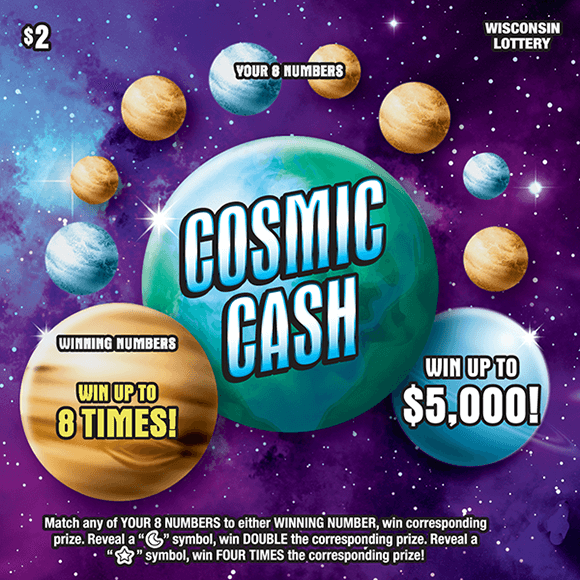 Cosmic Cash Scratch Game image of scratch ticket with a purple blue and black background of a galaxy and the winning numbers are hidden behind planets that need to be scratched to be revealed on scratch ticket from wisconsin lottery