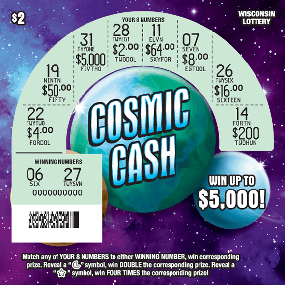 Cosmic Cash Scratch Game image of scratch ticket with a purple blue and black background of a galaxy and the planets are scratched revealing the winning numbers on scratch ticket from Wisconsin Lottery
