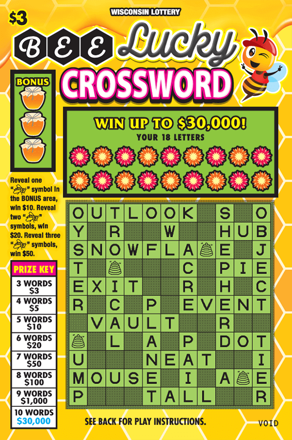   image of scratch ticket with yellow hexagon tiles as the background and a picture of a winking bee in the top right corner flowers covering the letters with green and black boxes in the crossword grid on scratch ticket from wisconsin lottery