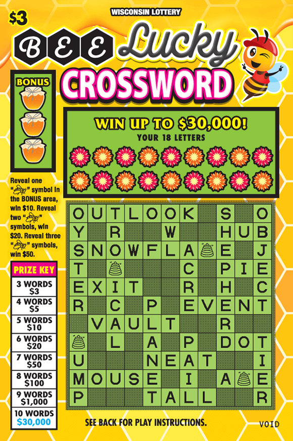 Bee Lucky Crossword Scratch Game image of scratch ticket with yellow hexagon tiles as the background and a picture of a winking bee in the top right corner flowers covering the letters with green and black boxes in the crossword grid on scratch ticket from wisconsin lottery