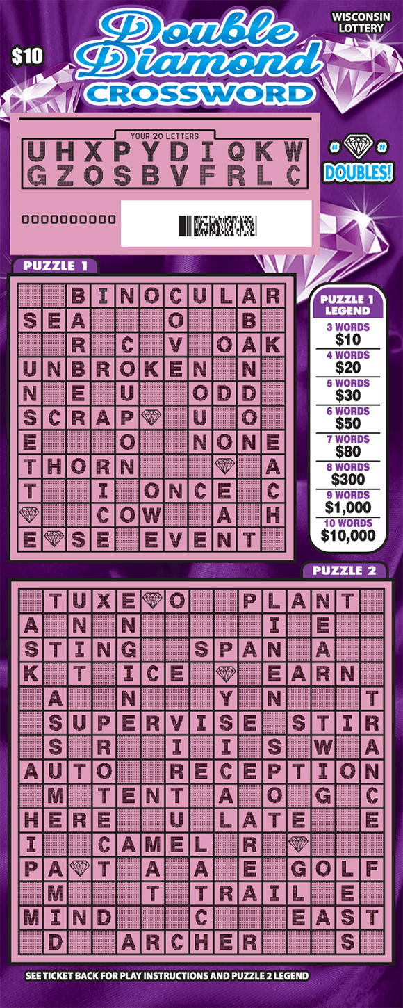 Double Diamond Crossword Scratch Game image of scratch ticket with two crossword puzzles and diamonds over the winning letters on the top of the ticket with a purple background and multiple shiny diamonds and a scratched play area revealing a purple grid on scratch ticket from wisconsin lottery