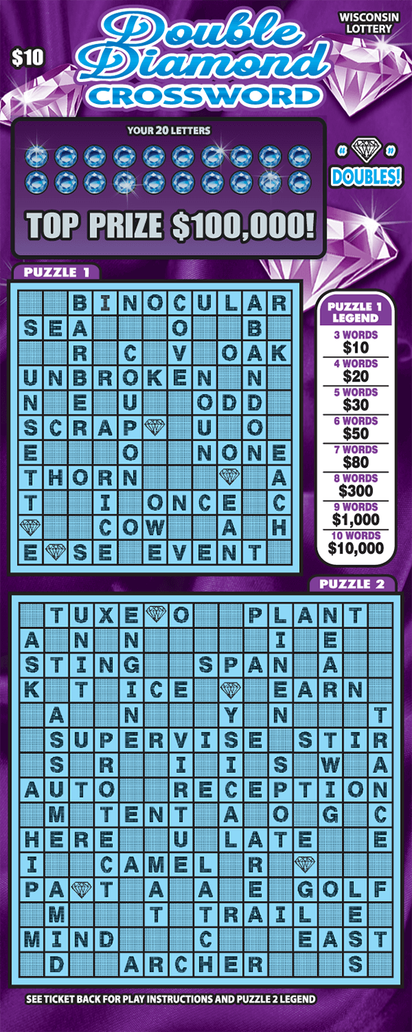 image of scratch ticket with two crossword puzzles and diamonds over the winning letters on the top of the ticket with a purple background and multiple shiny diamonds on scratch ticket from wisconsin lottery