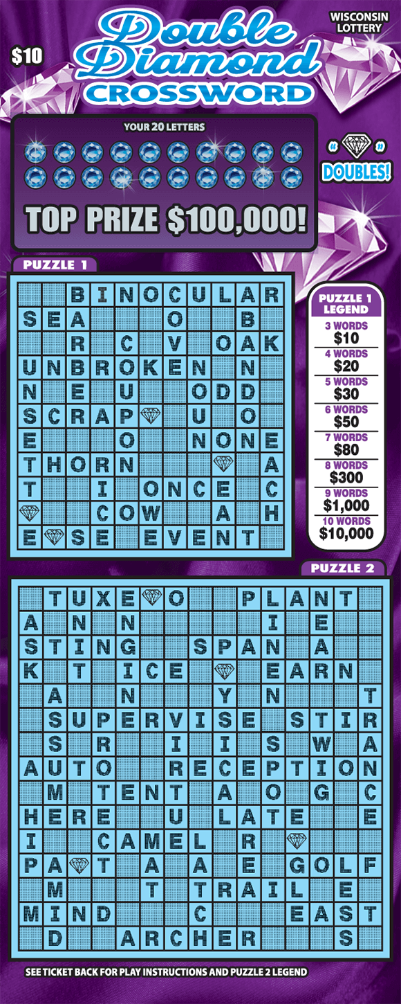 Double Diamond Crossword Scratch Game image of scratch ticket with two crossword puzzles and diamonds over the winning letters on the top of the ticket with a purple background and multiple shiny diamonds on scratch ticket from wisconsin lottery