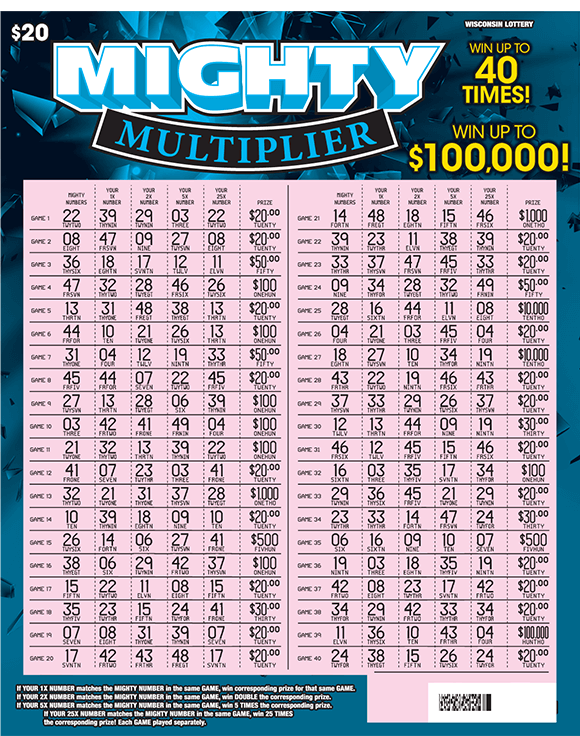 image of oversized scratch ticket with a blue background and forty lines in the play area which is scratched revealing the winning numbers and a purple play area  on scratch ticket from wisconsin lottery