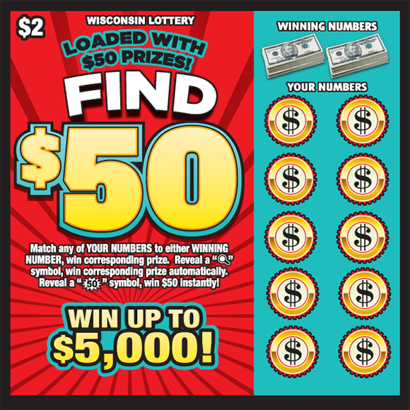image of scratch ticket with a red background and a large fifty dollar in the middle of the ticket with a blue play area on the side with circle dollar bill symbols covering the winning numbers on scratch ticket from wisconsin lottery